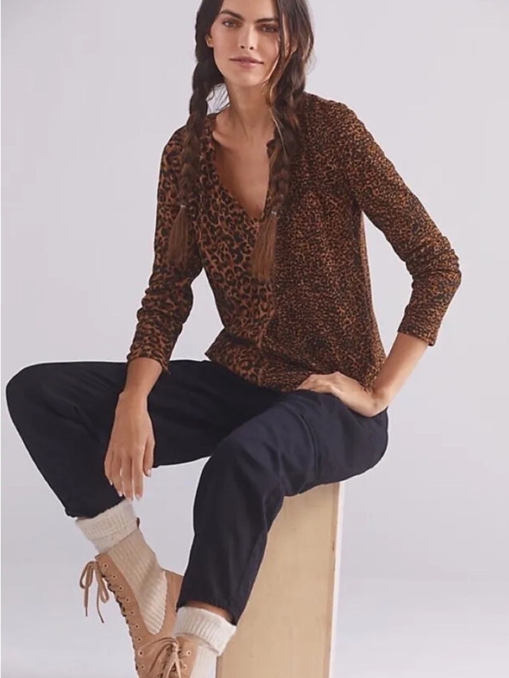 Pilcro Anthropologie Leopard Print V-Neck Women's Top in Brown